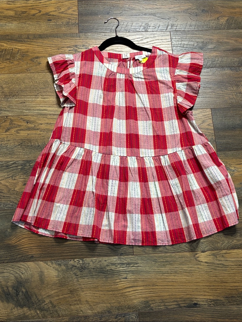 Red & White Gingham Flutter-Sleeve Peplum Blouse